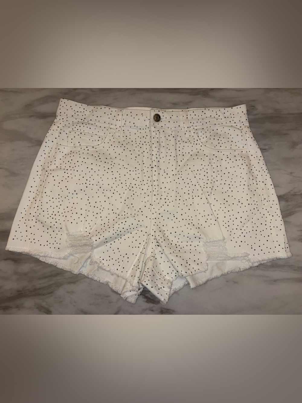 NWT GB Rhinestone Studded White Ivory Distressed Denim Shorts XL Y2K